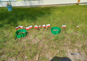 Małe flagi stały się dekoracją ogrodu.